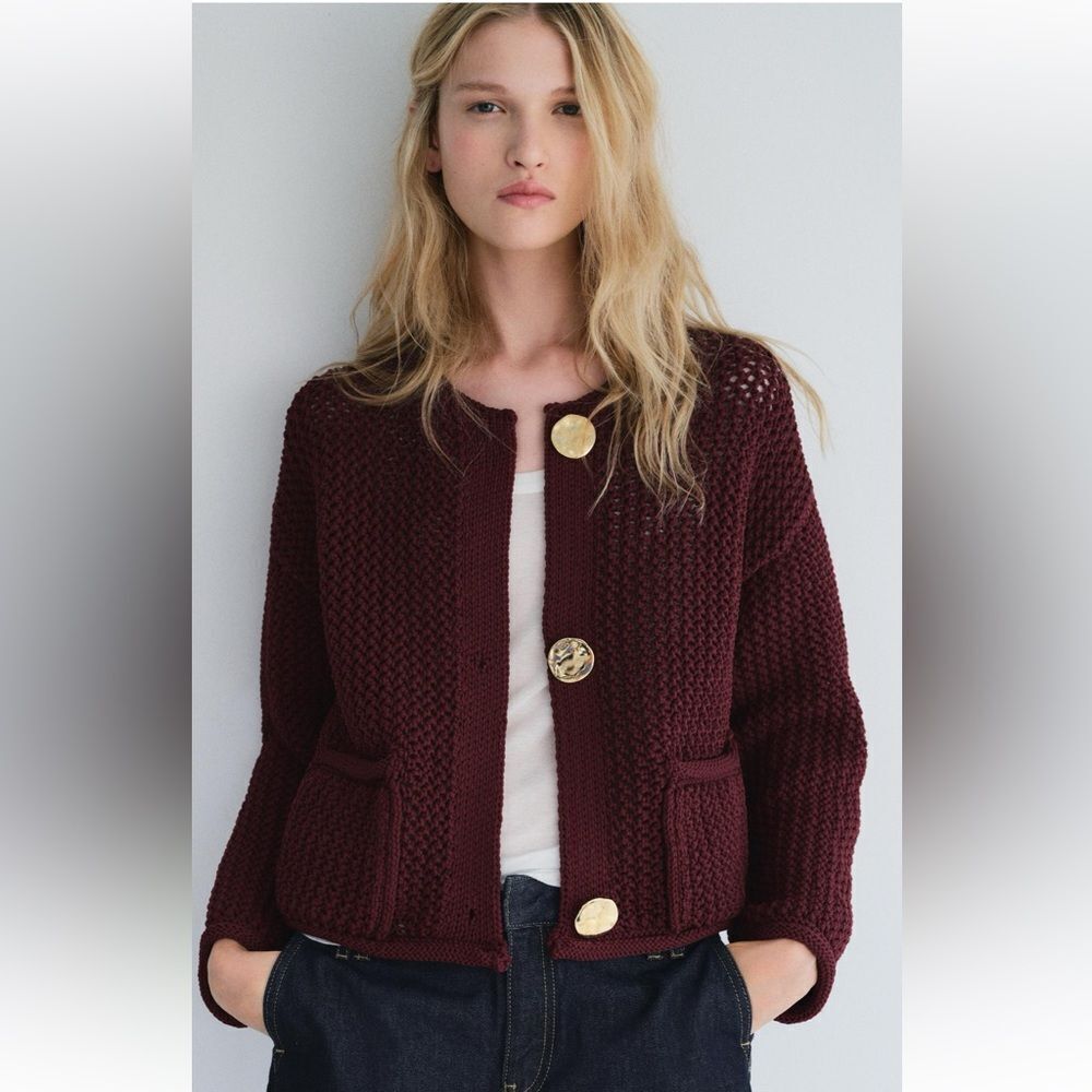 Zara chunky knit cardigan in burgundy - Picture 13 of 16